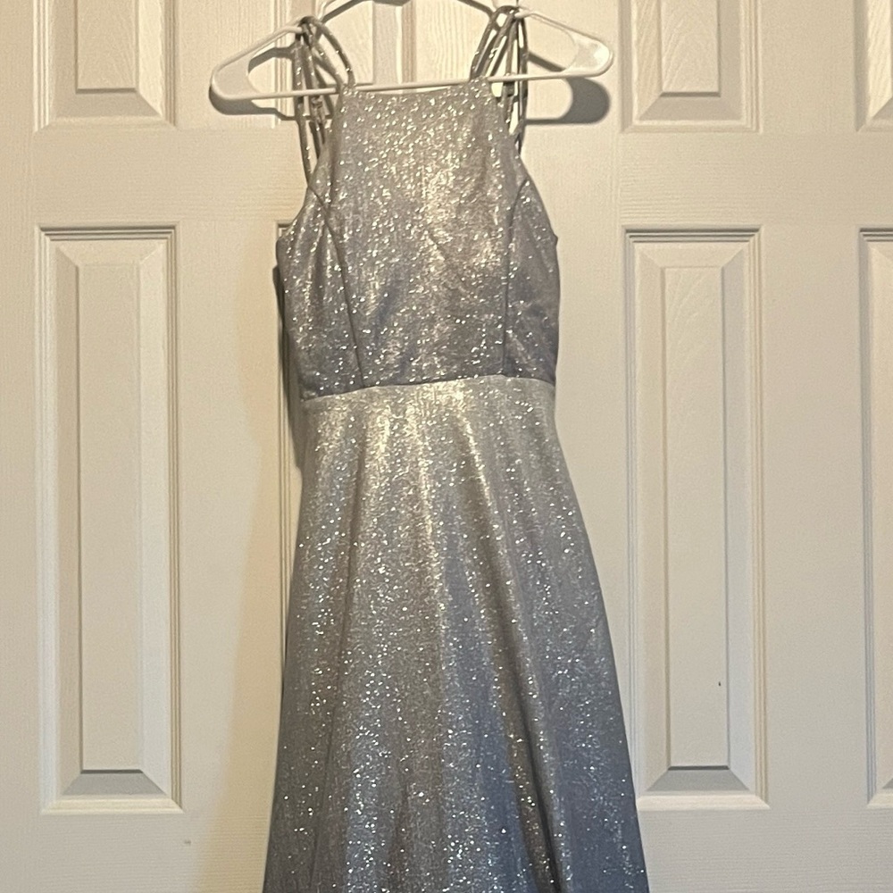 Trixxi Shimmering Silver Ombré Halter Prom Dress